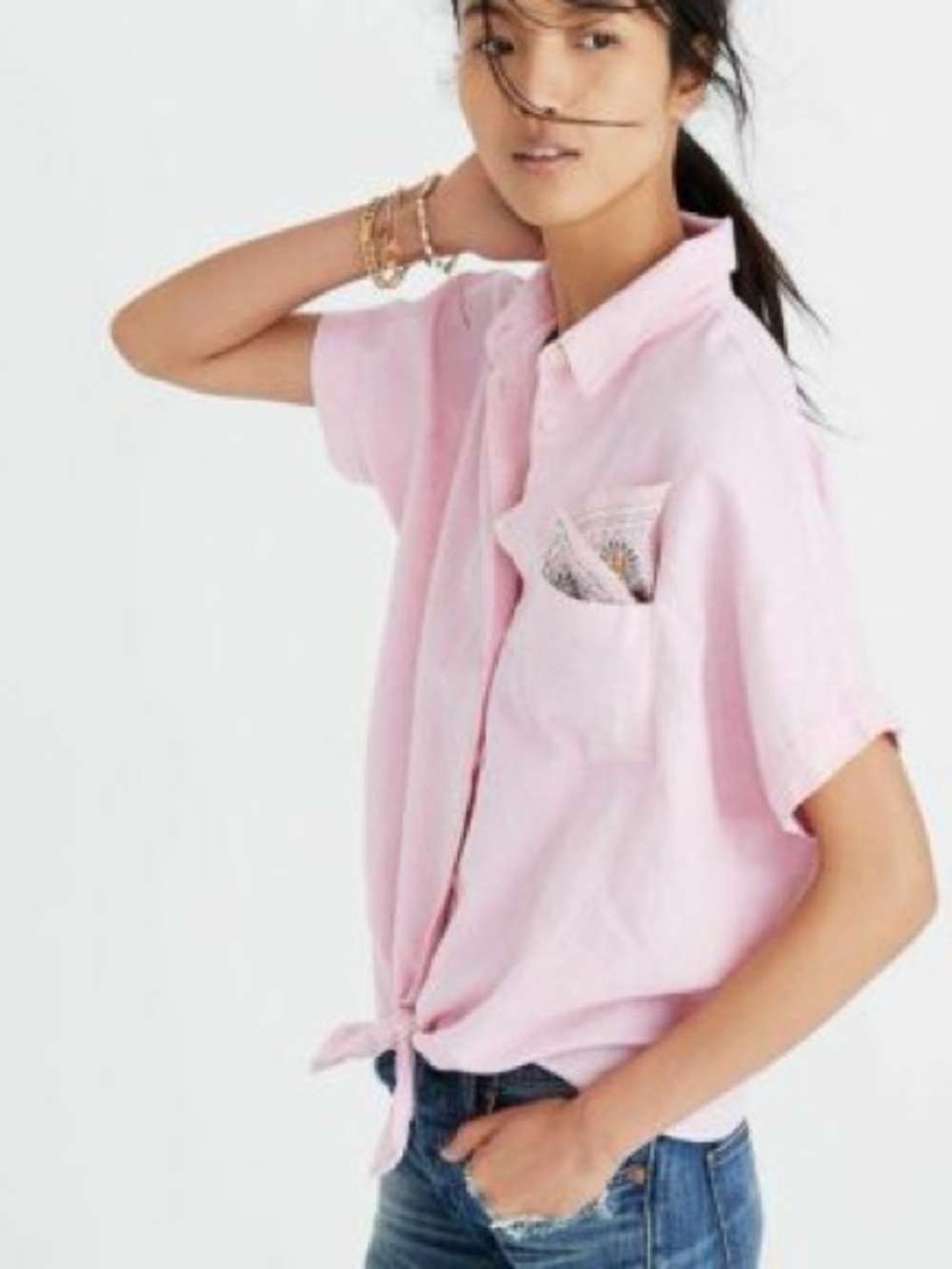Sz S Madewell short sleeve pale pink button down linen cotton tie waist